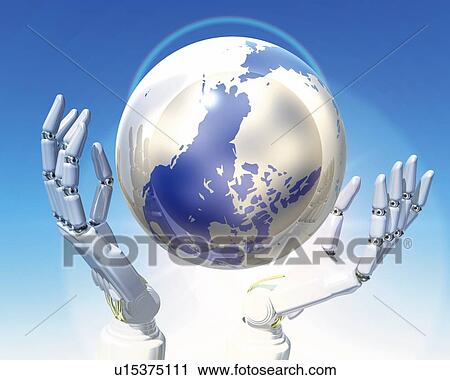 Clip Art - Robot's hands and globe, CG, 3D, Illustration, Close Up. Fotosearch