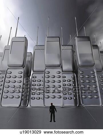 Stock Illustration - Sculptures of mobile phones, CG, 3D, Illustration, Low Angle View. Fotosearch