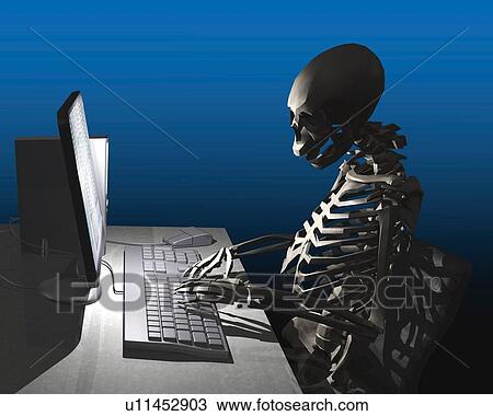 Drawing - Skeleton using computer, CG, 3D, Illustration, Side View. Fotosearch