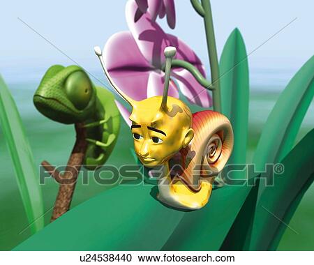 Snail and Chameleon, CG, 3D, Illustration, Close Up View Large Illustration Clipart - Snail and Chameleon, CG, 3D, Illustration, Close Up. Fotosearch