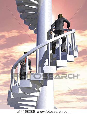 Stock Illustration - Two businessmen running up circular staircase, CG, 3D, Illustration, Low Angle View. Fotosearch