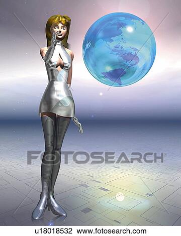 Woman in metallic dress and globe, CG, 3D, Illustration, Front View View Large Illustration Drawing - Woman in metallic dress and globe, CG, 3D, Illustration, Front View. Fotosearch