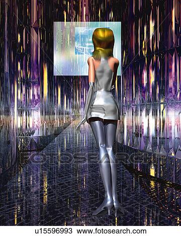 Drawing - Woman in metallic dress, CG, 3D, Illustration, Rear View. Fotosearch