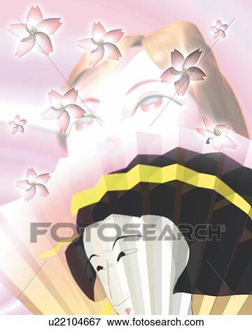 Stock Illustration - Woman with Japanese Fan, CG, 3D, Illustration, Low Angle View. Fotosearch