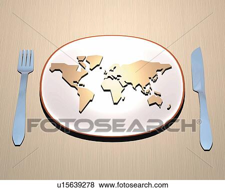 Stock Illustration - World map on a plate, CG, 3D, Illustration, Close Up, High Angle View. Fotosearch