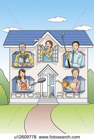 Stock Illustration - Family and House, Illustration, Front View. Fotosearch