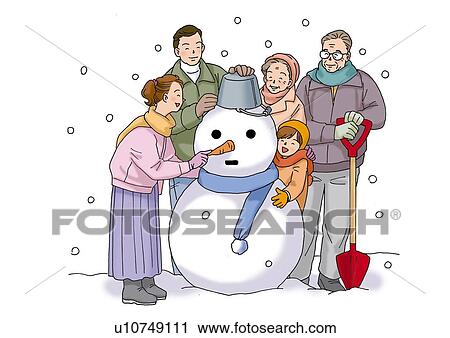 Clip Art - Family and Snowman, Illustration, Front View, Side View. Fotosearch