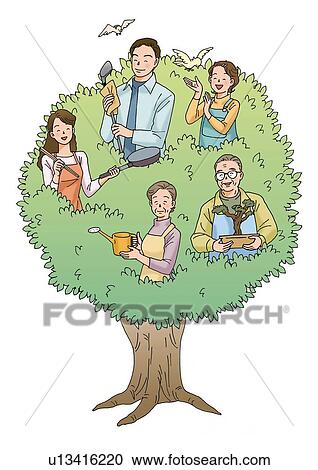 Family and Tree, Illustration, Front View View Large Illustration Clipart - Family and Tree, Illustration, Front View. Fotosearch