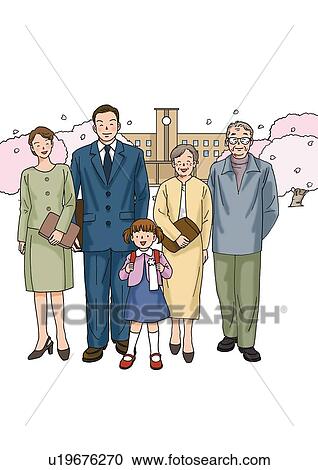 Family at the entrance ceremony, Illustration, Front View View Large Illustration Clipart - Family at the entrance ceremony, Illustration, Front View. Fotosearch