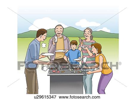 Stock Illustration - Family enjoying barbecue, Illustration. Fotosearch