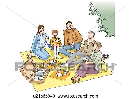 Clipart - Family having a picnic, Illustration, High Angle View. Fotosearch