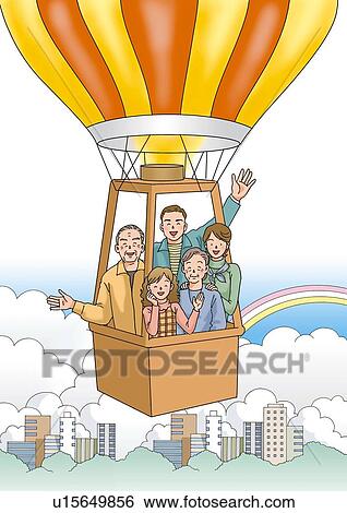 Stock Illustration - Family on a fire balloon, Illustration, Front View. Fotosearch