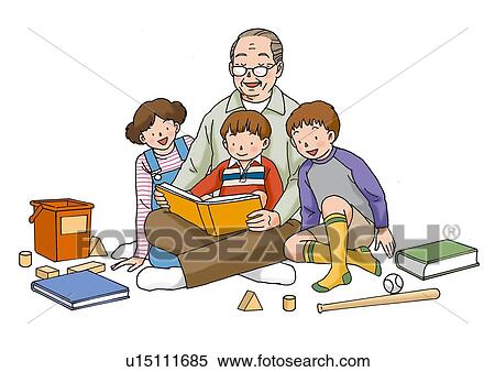 Grandfather and Grandchildren, Illustration, Front View View Large Illustration Stock Illustration - Grandfather and Grandchildren, Illustration, Front View. Fotosearch