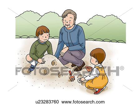 Clipart - Grandmother and Grandchildren, Illustration, High Angle View. Fotosearch