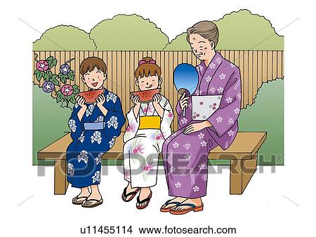 Stock Illustration - Grandmother and Grandchildren, Illustration, Front View. Fotosearch