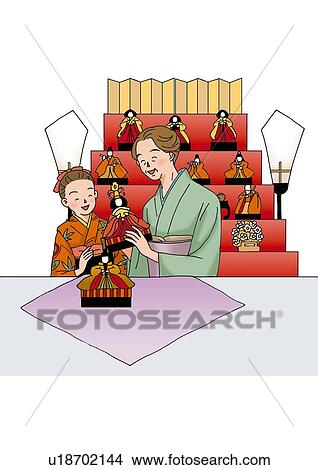 Stock Illustration - Grandmother and Granddaughter celebrating Japanese Doll Festival, Illustration, Front View. Fotosearch