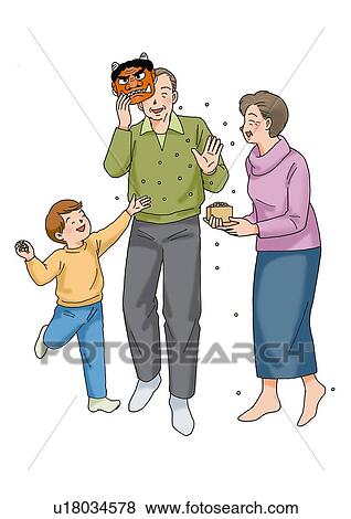Stock Illustration - Grandparents and grandchild celebrating Setsubun, Illustration, Front View. Fotosearch