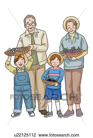 Drawing - Grandparents and grandchild, Illustration, Front View. Fotosearch