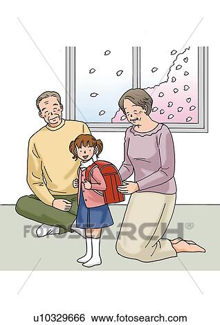 Stock Illustration - Grandparents and grandchild, Illustration, Front View, Side View. Fotosearch