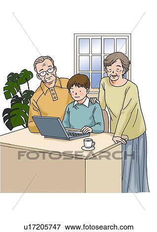 Stock Illustration - Grandparents and Grandchild, Illustration, High Angle View. Fotosearch