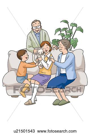 Drawing - Grandparents and grandchildren, Illustration, Front View, Side View. Fotosearch