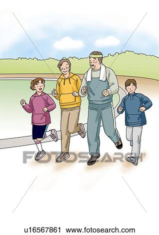 Clip Art - Grandparents and grandchildren jogging, Illustration, Front View. Fotosearch