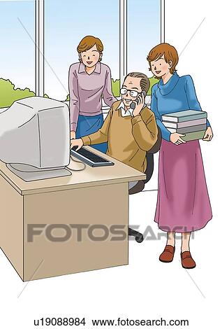 Senior adult man and young adult women working, Illustration, Side View View Large Illustration Stock Illustration - Senior adult man and young adult women working, Illustration, Side View. Fotosearch