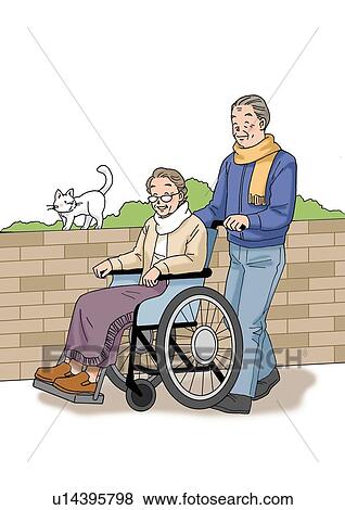 Stock Illustration - Senior adult man nursing senior adult woman, Illustration, Side View. Fotosearch