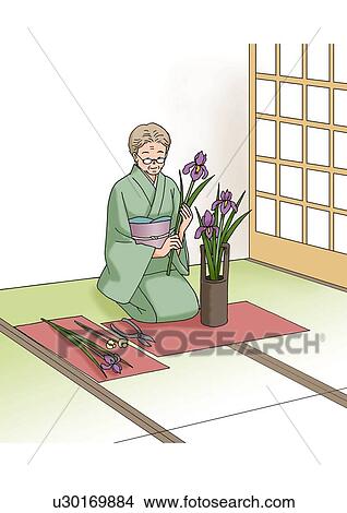 Stock Illustration - Senior adult woman arranging flowers, Illustration, Front View. Fotosearch