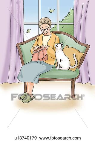 Senior adult woman knitting, Illustration, Front View View Large Illustration Stock Illustration - Senior adult woman knitting, Illustration, Front View. Fotosearch
