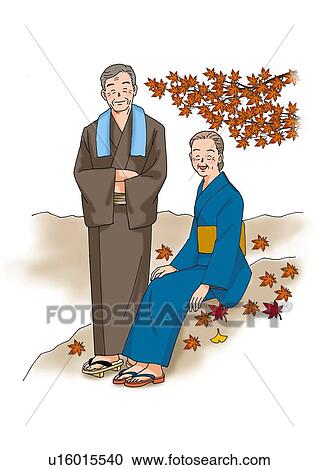 Clipart - Senior couple and colored leaves, Illustration, Front View. Fotosearch