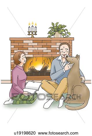 Clipart - Senior couple by the fire palce, Illustration, Front View, Side View. Fotosearch