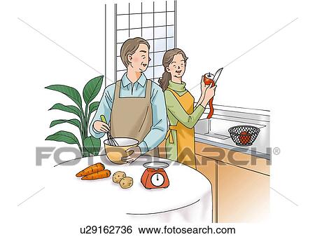 Stock Illustration - Senior couple cooking together, Illustration, Front View, Side View. Fotosearch