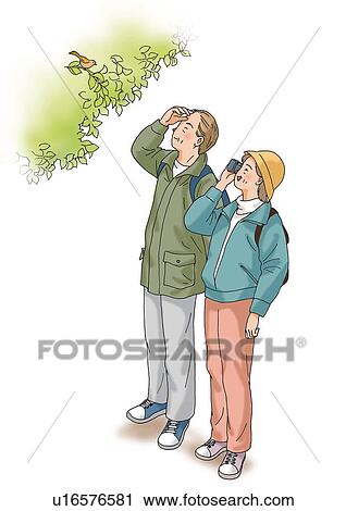 Clip Art - Senior couple enjoying birding, Illustration, Side View. Fotosearch
