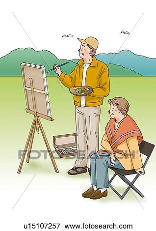 Stock Illustration - Senior couple enjoying drawing, Illustration, Side View. Fotosearch