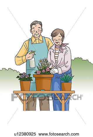 Stock Illustration - Senior couple enjoying gardening, Illustration, Front View. Fotosearch