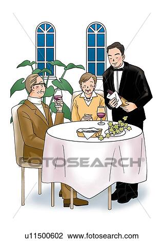 Drawing - Senior couple having a dinner at a restaurant, Illustration, Front View, Side View. Fotosearch