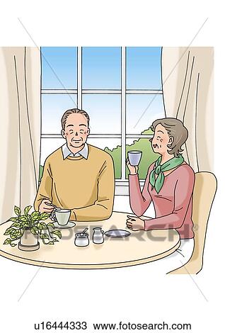 Drawing - Senior couple having a tea break, Illustration, Front View, Side View. Fotosearch