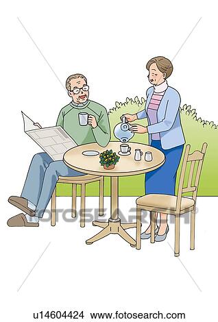 Stock Illustration - Senior couple having a tea break, Illustration, Side View. Fotosearch