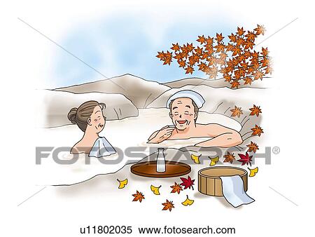Senior couple in hot spring, Illustration View Large Illustration Stock Illustration - Senior couple in hot spring, Illustration. Fotosearch