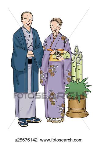 Senior couple in New Year, Illustration, Front View View Large Illustration Drawing - Senior couple in New Year, Illustration, Front View. Fotosearch