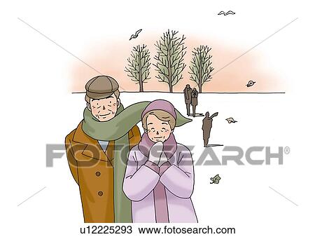 Drawing - Senior couple in Winter, Illustration, Front View. Fotosearch