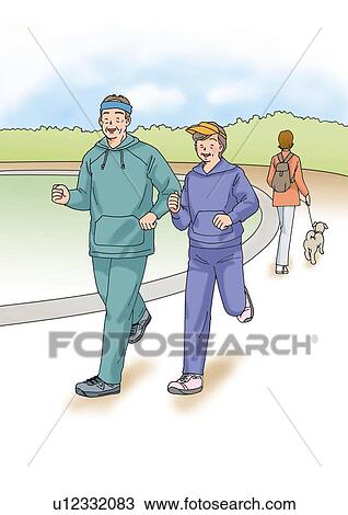 Drawing - Senior couple jogging together, Illustration, Side View. Fotosearch