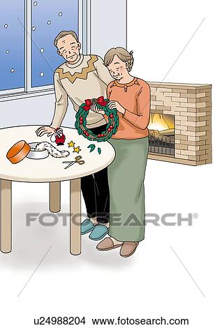Senior couple making Christmas wreath together, Illustration, Side View View Large Illustration Stock Illustration - Senior couple making Christmas wreath together, Illustration, Side View. Fotosearch