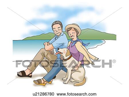 Clipart - Senior couple on the shore, Illustration, Side View. Fotosearch