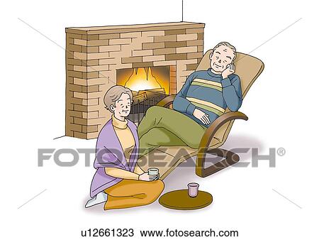 Drawing - Senior couple relaxing by the fire, Illustration, High Angle View. Fotosearch