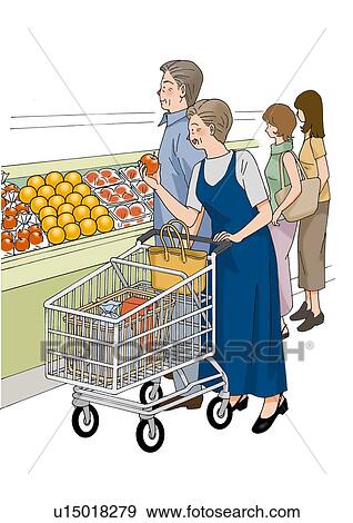 Senior couple shopping grocery, Illustration, Side View View Large Illustration Stock Illustration - Senior couple shopping grocery, Illustration, Side View. Fotosearch
