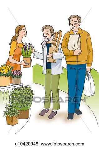 Stock Illustration - Senior couple shopping, Illustration, Front View. Fotosearch