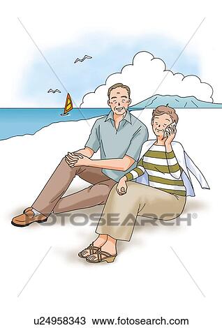 Drawing - Senior couple sitting on the beach, Illustration, Side View. Fotosearch