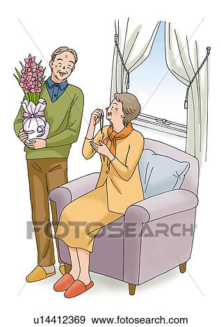 Stock Illustration - Senior couple smiling, Illustration, High Angle View. Fotosearch